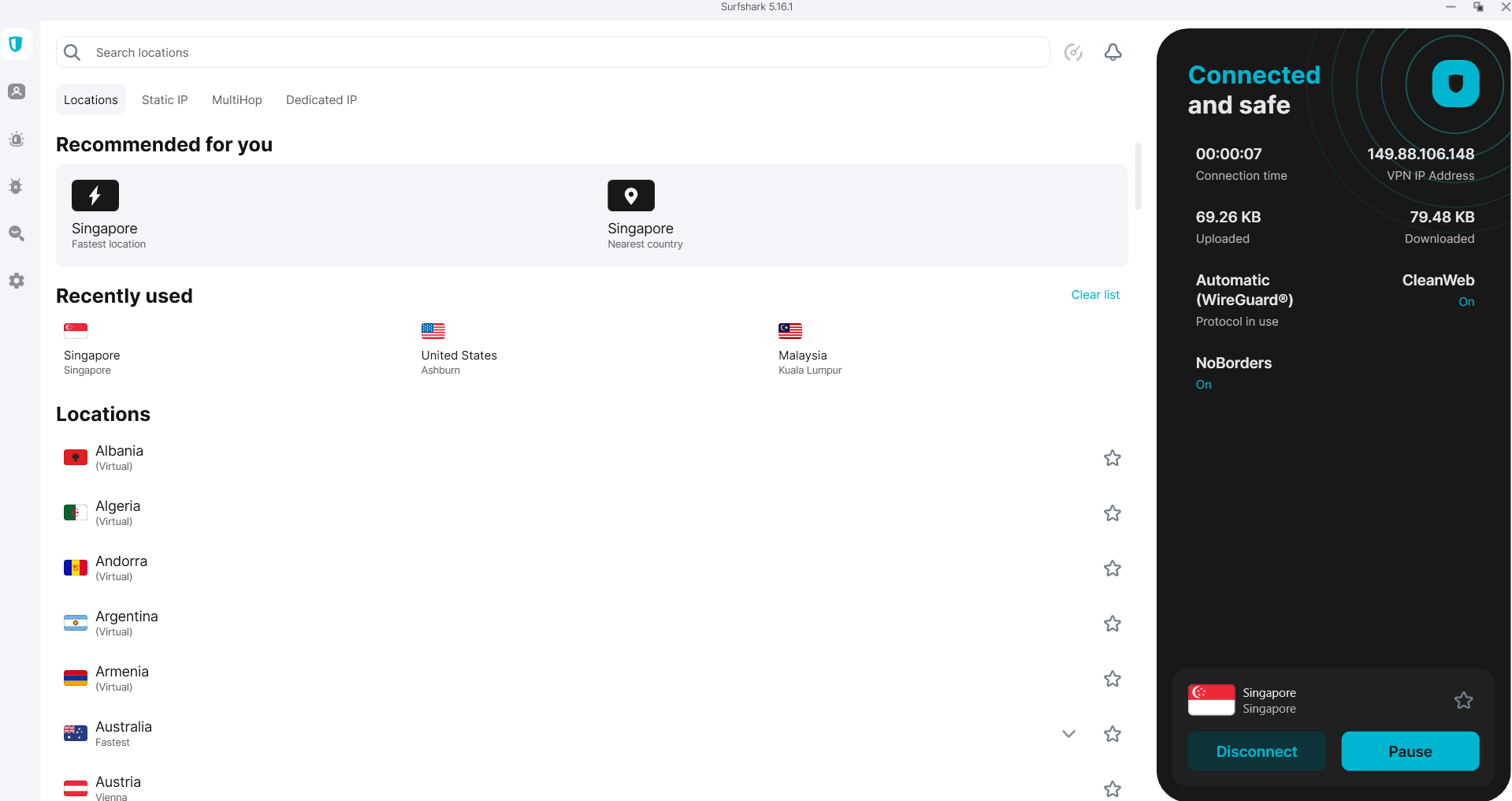 Connecting to a VPN node on Surfshark VPN